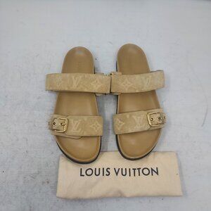 Louis Vuitton Beige Brown Buckle Bom Dia Monogram Slide Sandal